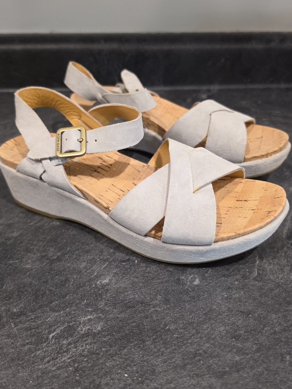 Kork-Ease Size 7 Light Gray Suede Crisscross Cork Footbed Wedge Sandals